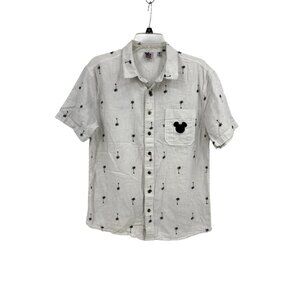 Disney Embroidered Mickey Palm Tree Hawaiian Shirt White Short Sleeve Mens M